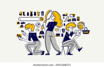 Online shopping and discount vector outline illustration, store workers team managing goods or customers have a big choice and enjoying cheap prices, advisers and consultants.