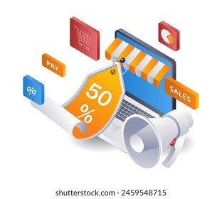 Online shopping discounts e commerce market infographic flat isometric 3d illustration