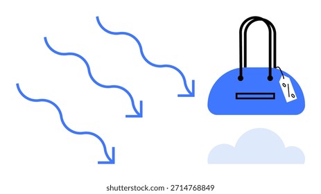 Compras on-line, descontos, comércio eletrônico, tecnologia em nuvem, varejo digital, preços de produtos. Bolsa azul com etiqueta de desconto, setas e uma nuvem. Comércio eletrônico e descontos