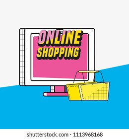 online shopping with display computer pop art style