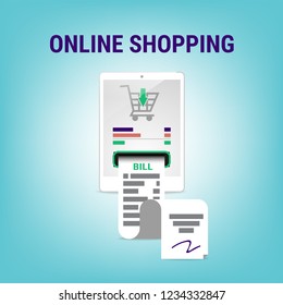 online shopping display on tablet, smart billing, vector illustration.