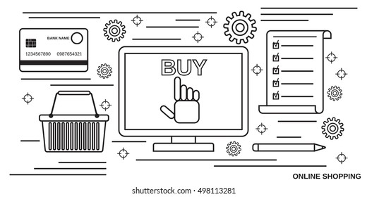 Online shopping, distant trading thin line art style vector web banner template