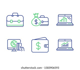 Online shopping, Dollar wallet and Salary line icons set. Graph laptop, Portfolio and Online statistics signs. Black friday, Cash money, Diplomat with money bag. Mobile report. Finance set. Vector