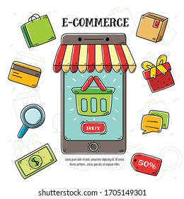 Online shopping doodle hand draw icon. editable stroke. vector illustration.