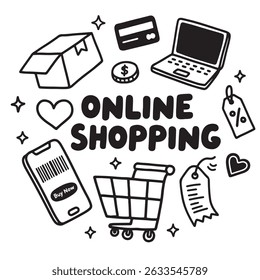 Online shopping doodle illustration with shopping cart, laptop, and credit card.
