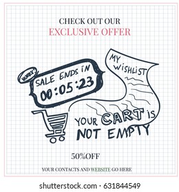 Online shopping doodle showing sale ending