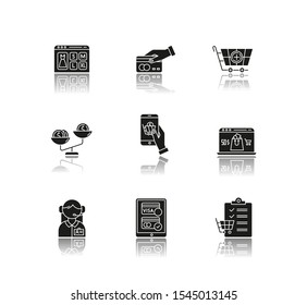 Online shopping drop shadow black glyph icons set. Customer support service. Payment option, compare product price. Shopping list. Internet shop, online store app. Isolated vector illustrations