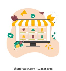 Online shopping during covid-19. Stay home, buy online and avoid spreading coronavirus. Online shopping concept. Vector illustration