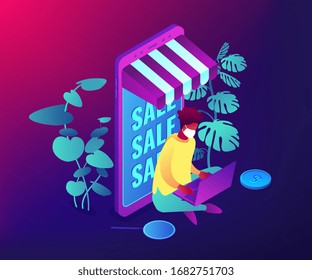 Online shopping during global quarantine concept. Buy essentials online, no-contact delivery, contactless grocery pick-up. Social distance, stay at home violet neon vector isometric 3D illustration.