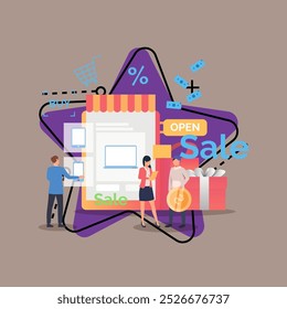 Online shopping during sale period vector illustration. People doing shopping in internet, buying gadgets, paying by gold coins. Commerce, discount, special offer concept can be used for banner design