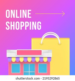 Online shopping e business cyberspace commercial retail social media post 3d icon vector illustration. Digital store internet advertising web banner marketing service design electronic technology
