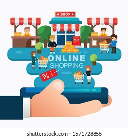 Online shopping or e commerce concept with hand holding mobile, online store with shopper. Vector illustration
