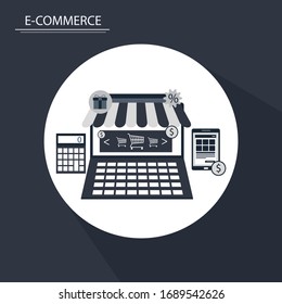  online shopping & e commerce concept with "e-commerce" online shopping and marketing icon