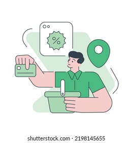 Online shopping e commerce discount digital store order delivery male customer credit card payment vector flat illustration. Internet shop web business goods choosing sale cyberspace technology