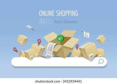 Online Shopping und E-Commerce Vertrieb mit Garantieservice. Offene Versandboxen mit Qualitätssicherung auf Suchleiste. 3D-Vektorgrafik aus Grafiksoftware erstellt.