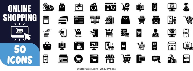 Online shopping e commerce icons glyph set