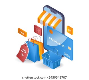 Compras en línea comercio electrónico mercado infografía plana isométrica 3d ilustración