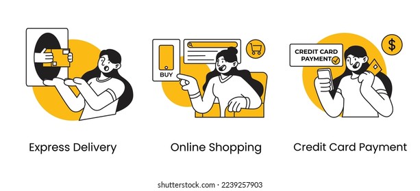 Juego de ilustraciones de caracteres de esquema de comercio electrónico de compras en línea. Oferta de venta, entrega rápida, pago con tarjeta de crédito buena oferta de descuento. Perfecto para diseño web, banner, aplicación móvil, página de inicio.