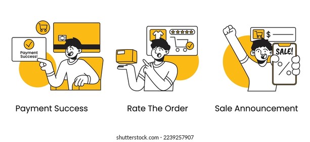 Online shopping  e commerce outline style character illustration set. Sale offer, quick delivery, credit card payent  good discount offer. Perfect for web design, banner, mobile app, landing page.