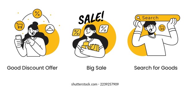 Online shopping  e commerce outline style character illustration set. Sale offer, quick delivery, credit card payent  good discount offer. Perfect for web design, banner, mobile app, landing page.