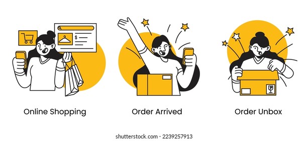 Juego de ilustraciones de caracteres de esquema de comercio electrónico de compras en línea. Oferta de venta, entrega rápida, pago con tarjeta de crédito buena oferta de descuento. Perfecto para diseño web, banner, aplicación móvil, página de inicio.