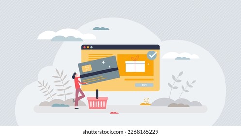 Online shopping and e commerce service for purchases tiny person concept. Credit card digital payment for website products vector illustration. Distant orders and gifts buying in market application.