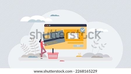Online shopping and e commerce service for purchases tiny person concept. Credit card digital payment for website products vector illustration. Distant orders and gifts buying in market application.