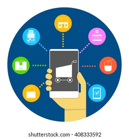 online shopping and e commerce in smart phone concept infographic, mobile commerce