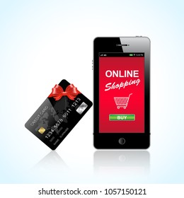 online shopping and e commerce with smartphone and credit card with bow in worldwide business payment concept vector illustration