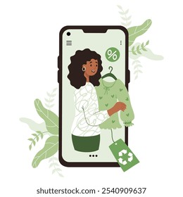 Online Shopping. Eco-Friendly clothing. Black ethnic woman in phone buying fashionable blouse made from recycled material on sale. Sustainable fashion. Vector illustration. Eco Shop on smartphone