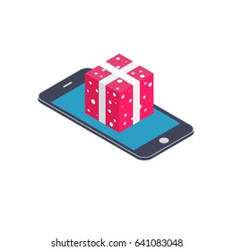 Online shopping ecommerce 24 hours. Isometric smart phone with gift
symbol on the screen. Vector illustration business concept design.