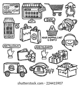 Online shopping e-commerce advertising commercial services sketch decorative icons set isolated vector illustration