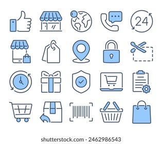 Online shopping and e-commerce blue editable stroke outline icons set isolated on white background flat vector illustration. Pixel perfect. 64 x 64