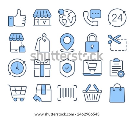 Online shopping and e-commerce blue editable stroke outline icons set isolated on white background flat vector illustration. Pixel perfect. 64 x 64