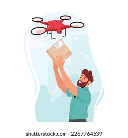 Online Shopping Or E-commerce Business, Convenience And Speed Of Drone Delivery Services Concept with Man Receive Parcel With Drone Hovering Above The Recipient. Cartoon People Vector Illustration