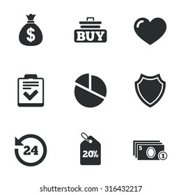 Online shopping, e-commerce and business icons. Checklist, like and pie chart signs. Money bag, discount and protection symbols. Flat icons on white. Vector