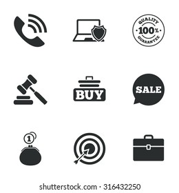 Online shopping, e-commerce and business icons. Auction, phone call and sale signs. Cash money, case and target symbols. Flat icons on white. Vector