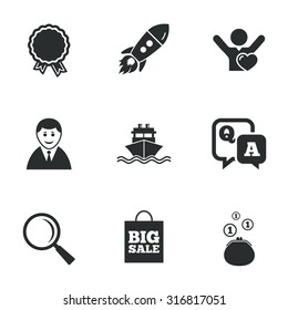 Online shopping, e-commerce and business icons. Startup, award and customers like signs. Cash money, shipment and sale symbols. Flat icons on white. Vector