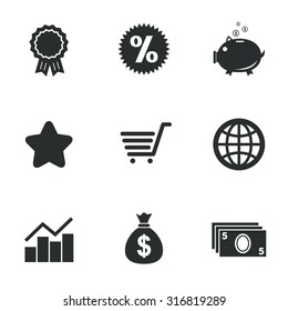 Online shopping, e-commerce and business icons. Piggy bank, award and star signs. Cash money, discount and statistics symbols. Flat icons on white. Vector