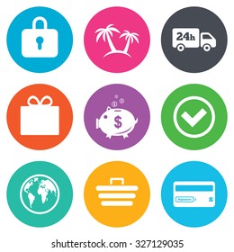Online shopping, e-commerce and business icons. Credit card, gift box and protection signs. Piggy bank, delivery and tick symbols. Flat circle buttons. Vector