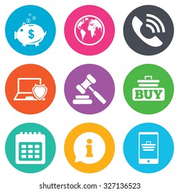 Online shopping, e-commerce and business icons. Auction, phone call and information signs. Piggy bank, calendar and smartphone symbols. Flat circle buttons. Vector
