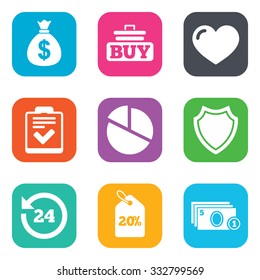 Online shopping, e-commerce and business icons. Checklist, like and pie chart signs. Money bag, discount and protection symbols. Flat square buttons. Vector