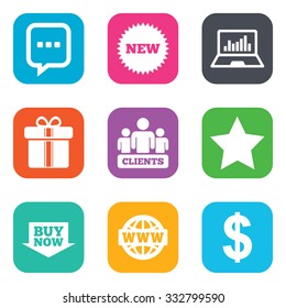 Online shopping, e-commerce and business icons. Gift box, chat message and star signs. Chart, dollar and clients symbols. Flat square buttons. Vector