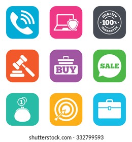 Online shopping, e-commerce and business icons. Auction, phone call and sale signs. Cash money, case and target symbols. Flat square buttons. Vector