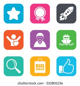 Online shopping, e-commerce and business icons. Start up, award and customers like signs. Big sale, shipment and favorite symbols. Flat square buttons. Vector