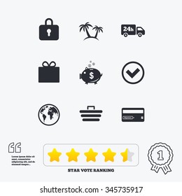 Online shopping, e-commerce and business icons. Credit card, gift box and protection signs. Piggy bank, delivery and tick symbols. Star vote ranking. Award achievement and quotes.