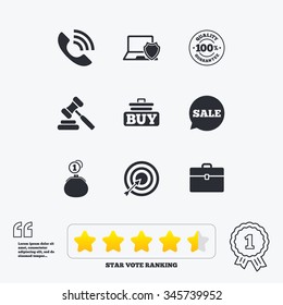 Online shopping, e-commerce and business icons. Auction, phone call and sale signs. Cash money, case and target symbols. Star vote ranking. Award achievement and quotes.