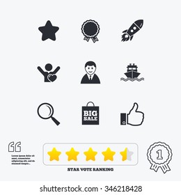 Online shopping, e-commerce and business icons. Start up, award and customers like signs. Big sale, shipment and favorite symbols. Star vote ranking. Award achievement and quotes.