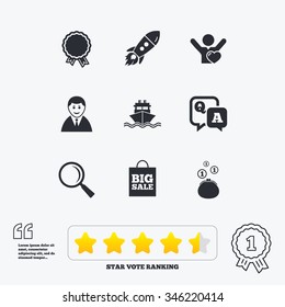 Online shopping, e-commerce and business icons. Startup, award and customers like signs. Cash money, shipment and sale symbols. Star vote ranking. Award achievement and quotes.