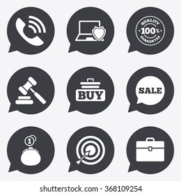 Online shopping, e-commerce and business icons. Auction, phone call and sale signs. Cash money, case and target symbols. Flat icons in speech bubble pointers.